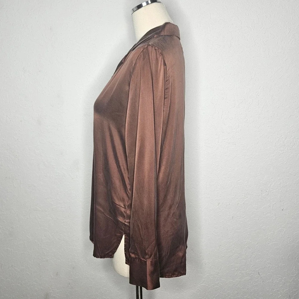 Joie Silk Button Front Blouse Copper Brown Long Sleeve Notched Collar Washable M - Picture 6 of 9